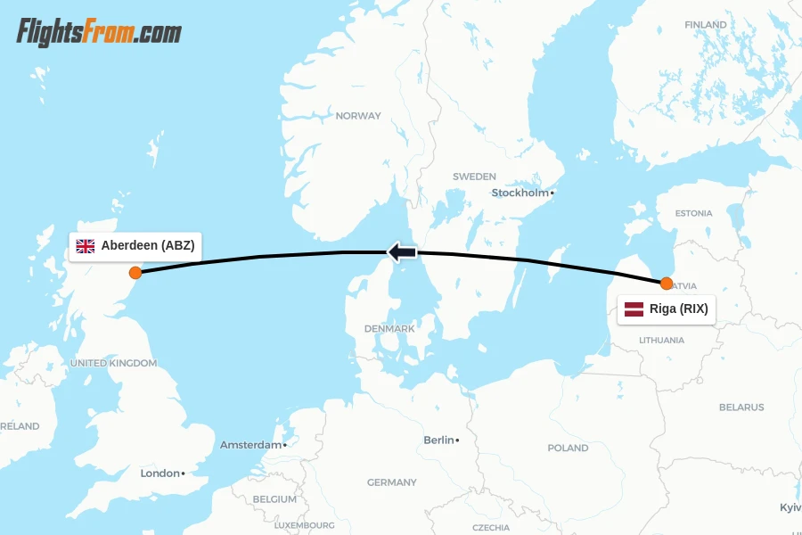 Flights from Riga to Aberdeen route map