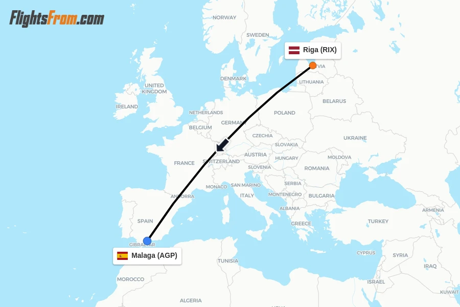 Flights from Riga to Malaga route map