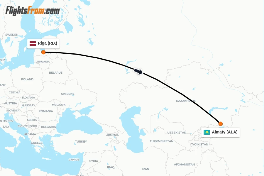 Flights from Riga to Almaty route map