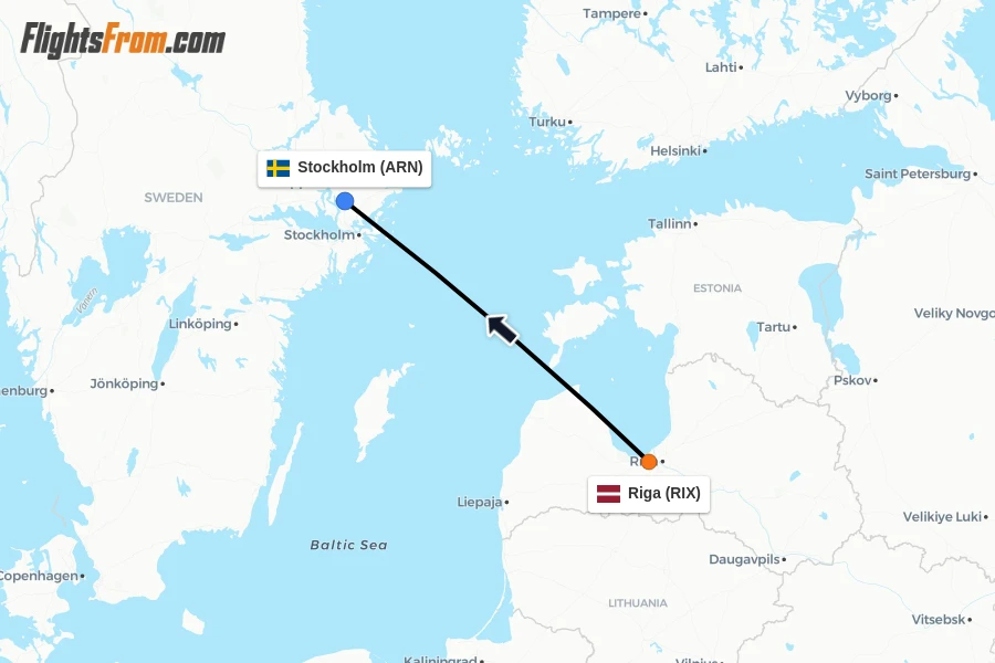 Flights from Riga to Stockholm route map