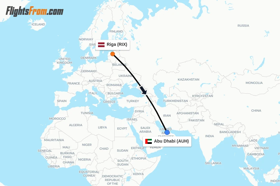 Flights from Riga to Abu Dhabi route map