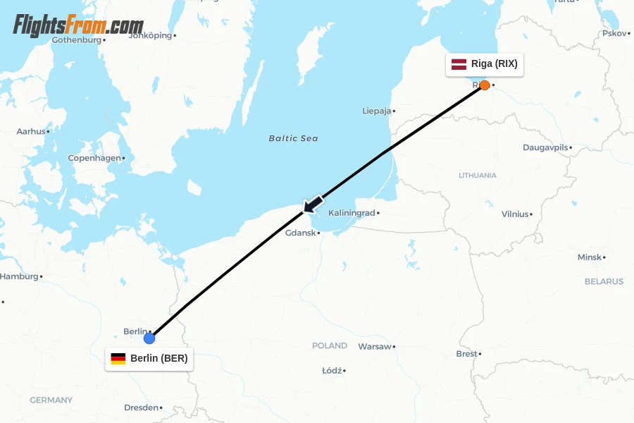 Flights from Riga to Berlin route map