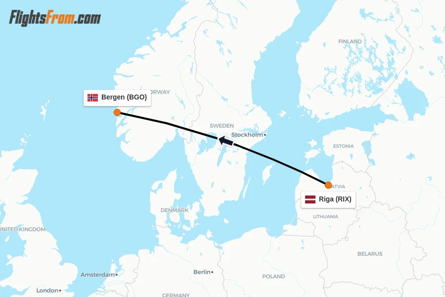Flights from Riga to Bergen route map