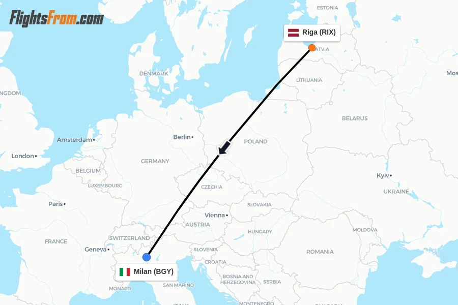Flights from Riga to Milan route map
