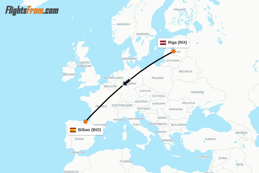 Flights from Riga to Bilbao route map