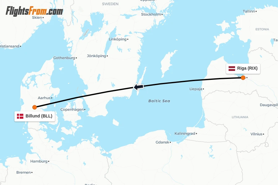 Flights from Riga to Billund route map