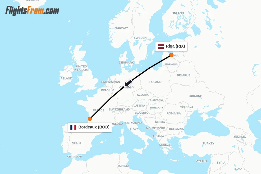 Flights from Riga to Bordeaux route map