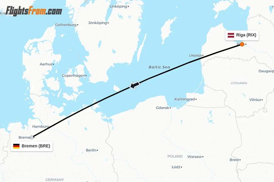 Flights from Riga to Bremen route map