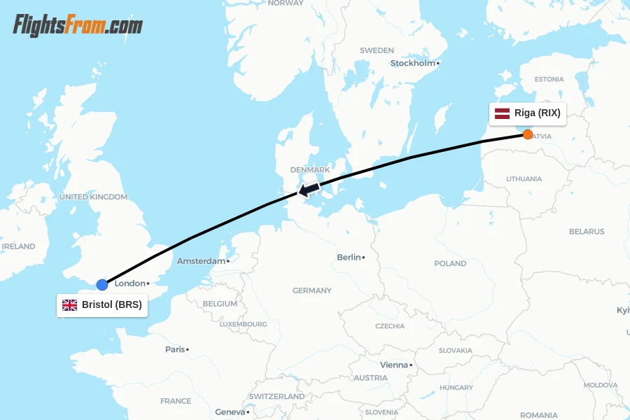 Flights from Riga to Bristol route map