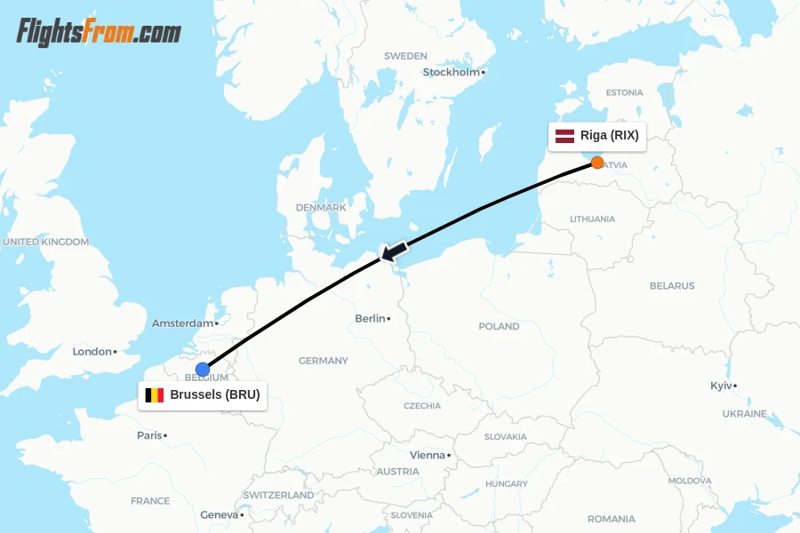 Flights from Riga to Brussels route map