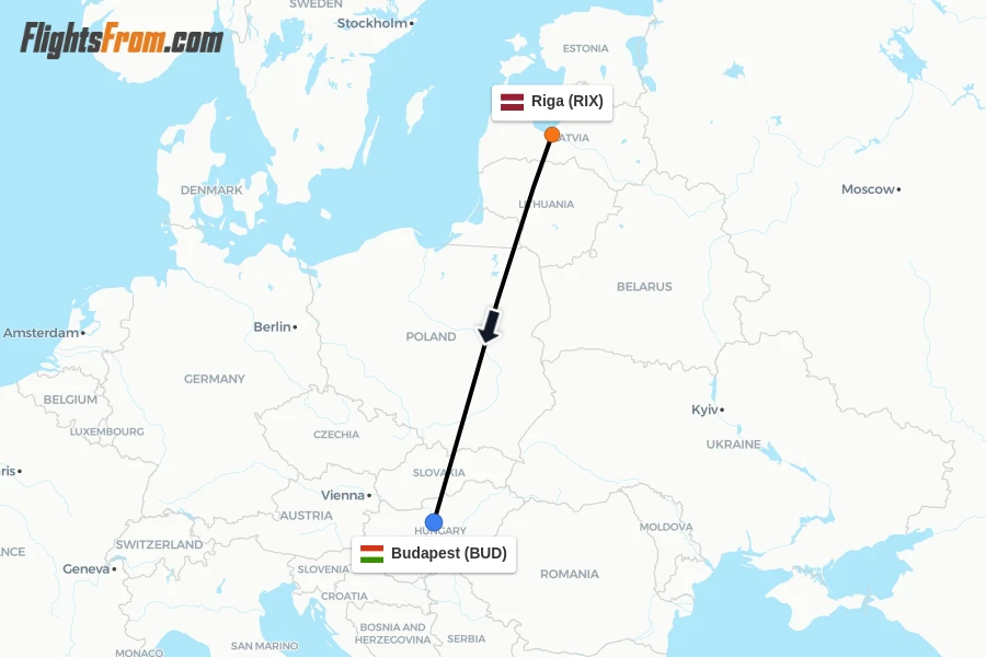 Flights from Riga to Budapest route map