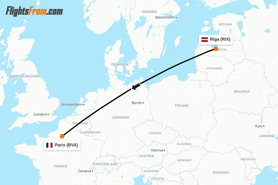 Flights from Riga to Paris route map