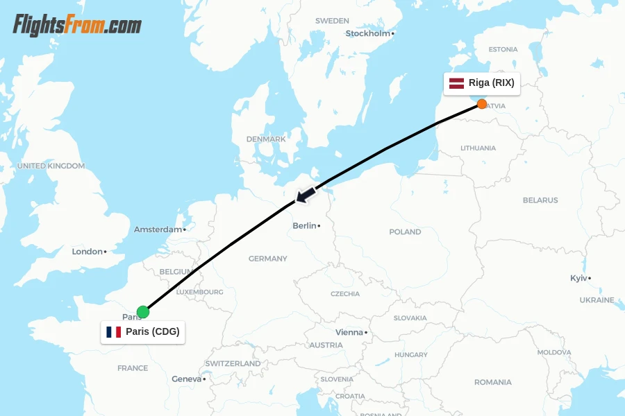 Flights from Riga to Paris route map