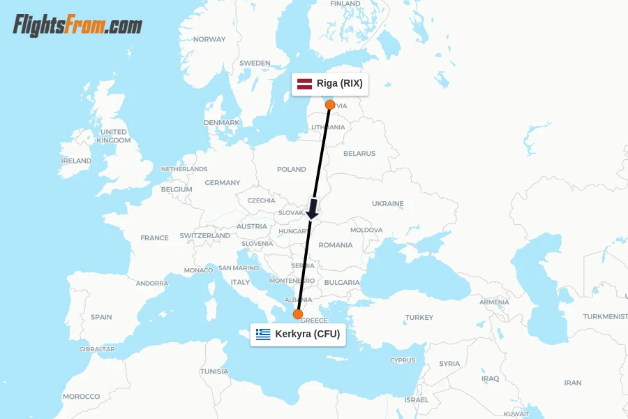 Flights from Riga to Kerkyra route map