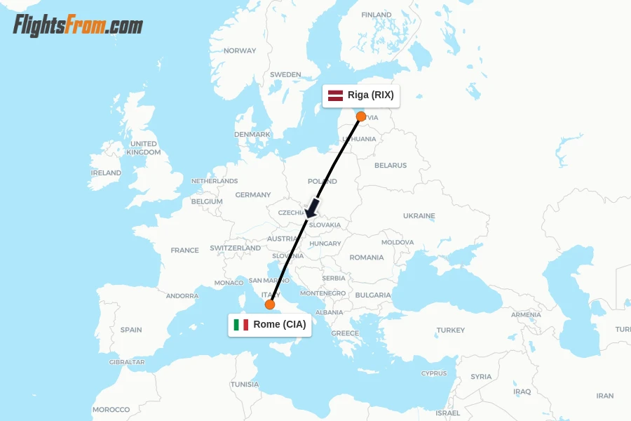 Flights from Riga to Rome route map