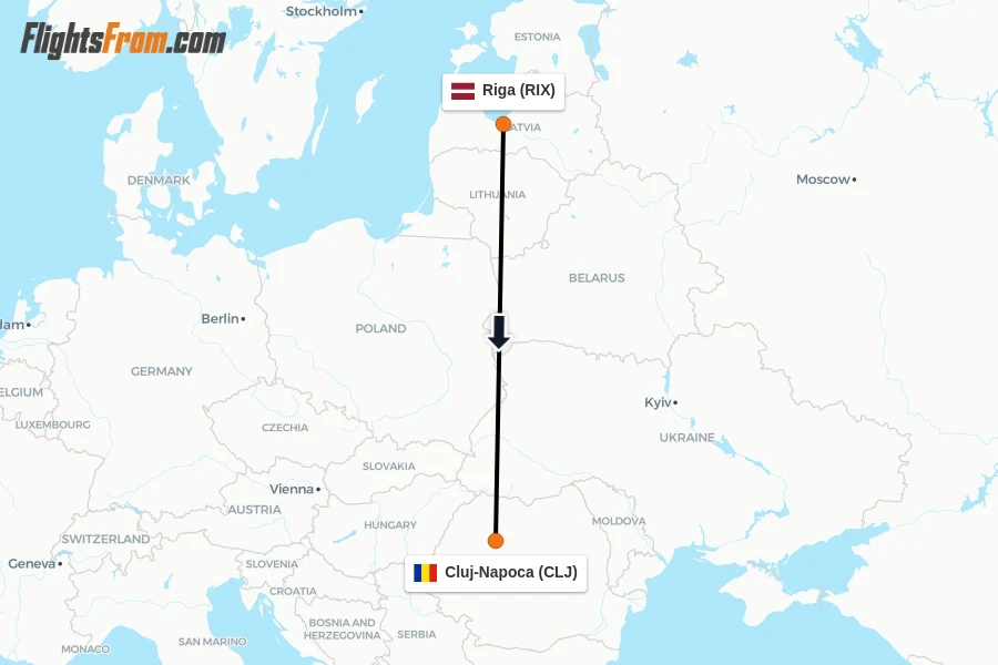 Flights from Riga to Cluj-Napoca route map