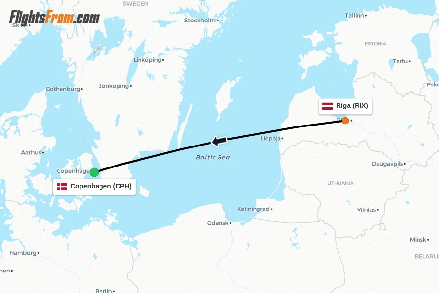 Flights from Riga to Copenhagen route map