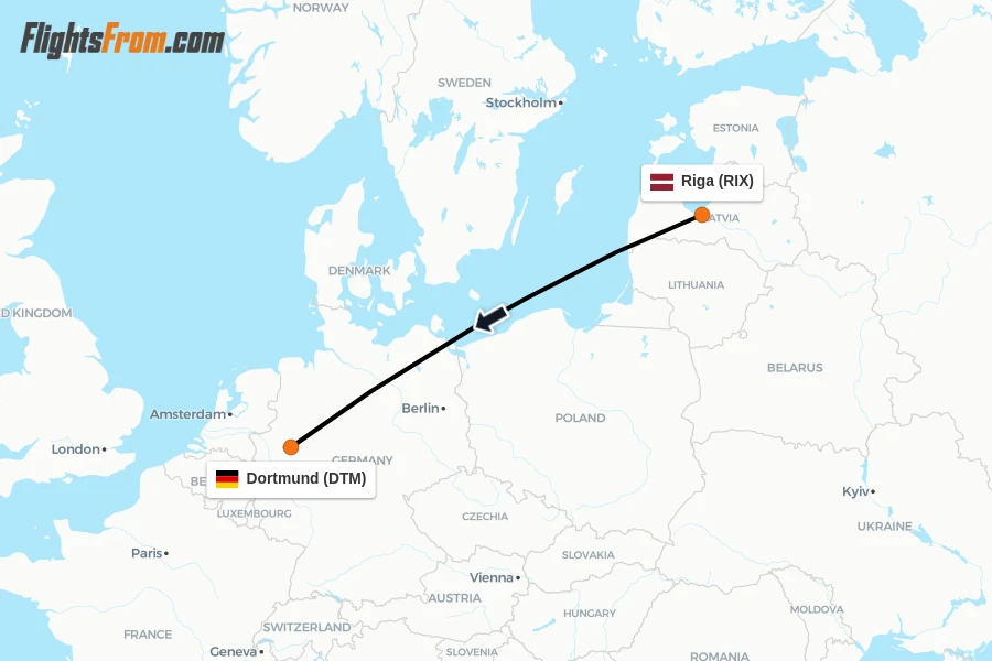 Flights from Riga to Dortmund route map