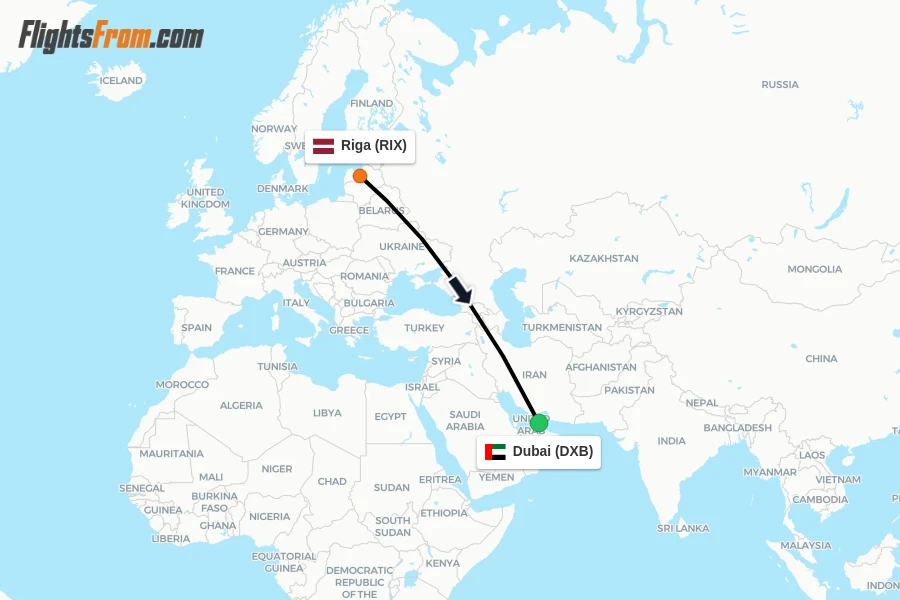 Flights from Riga to Dubai route map