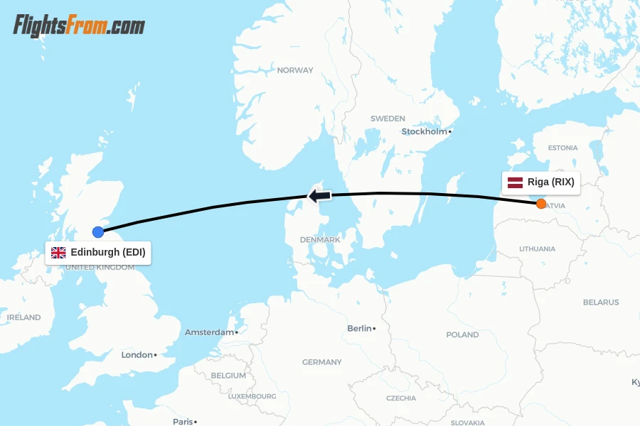 Flights from Riga to Edinburgh route map