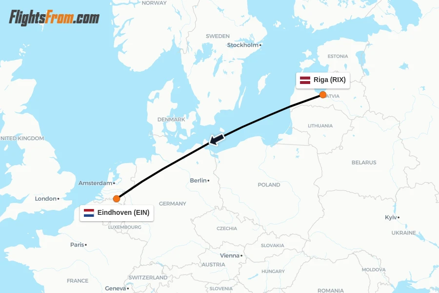 Flights from Riga to Eindhoven route map