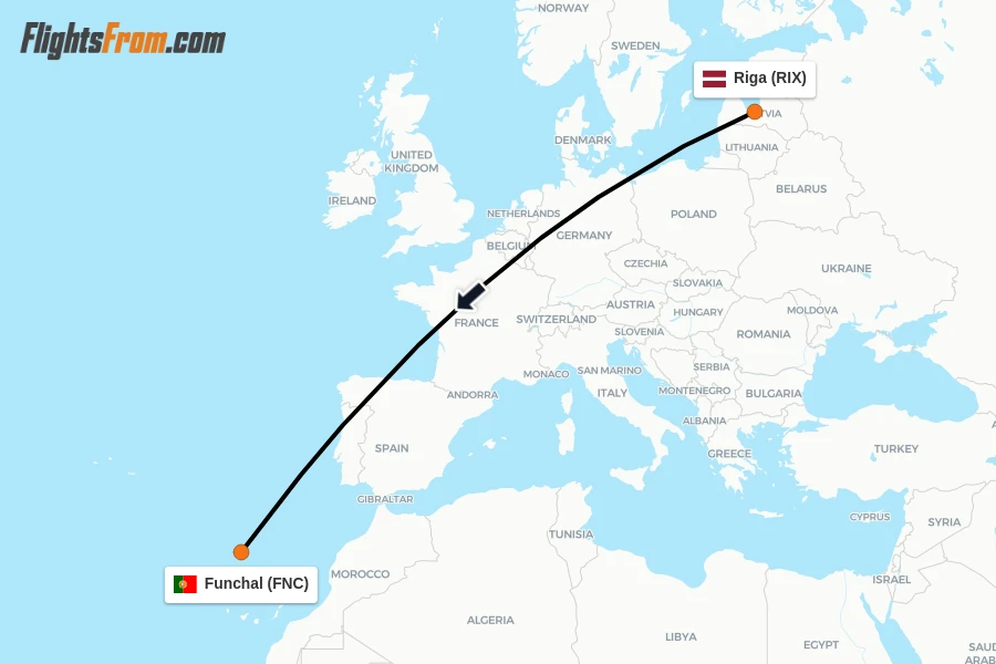 Flights from Riga to Funchal route map