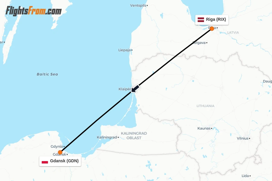 Flights from Riga to Gdansk route map