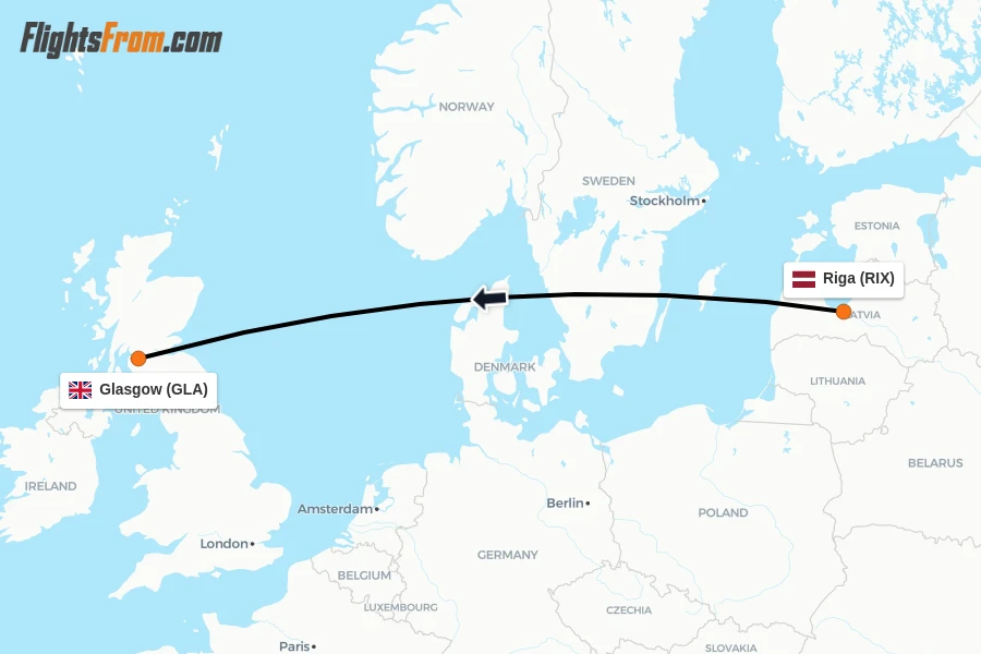Flights from Riga to Glasgow route map