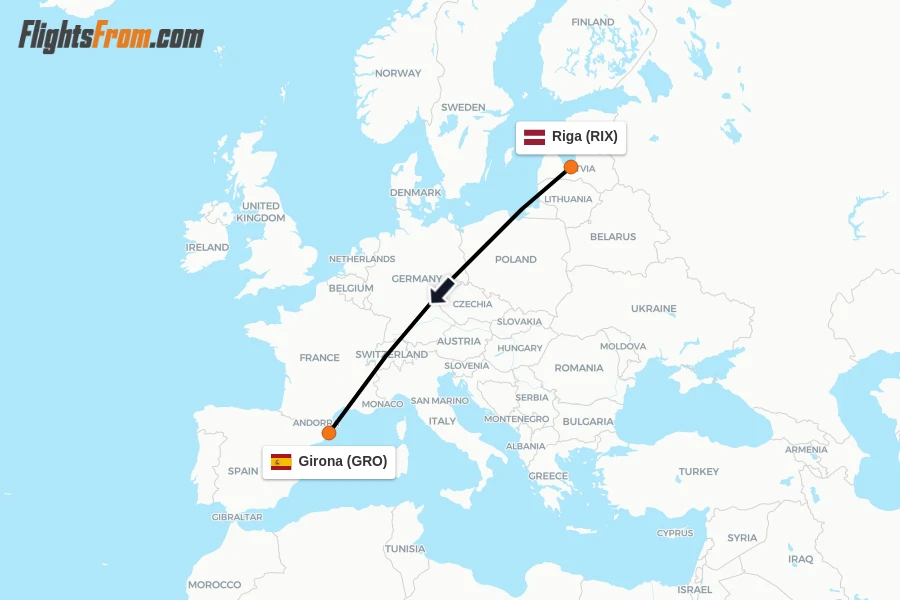 Flights from Riga to Girona route map