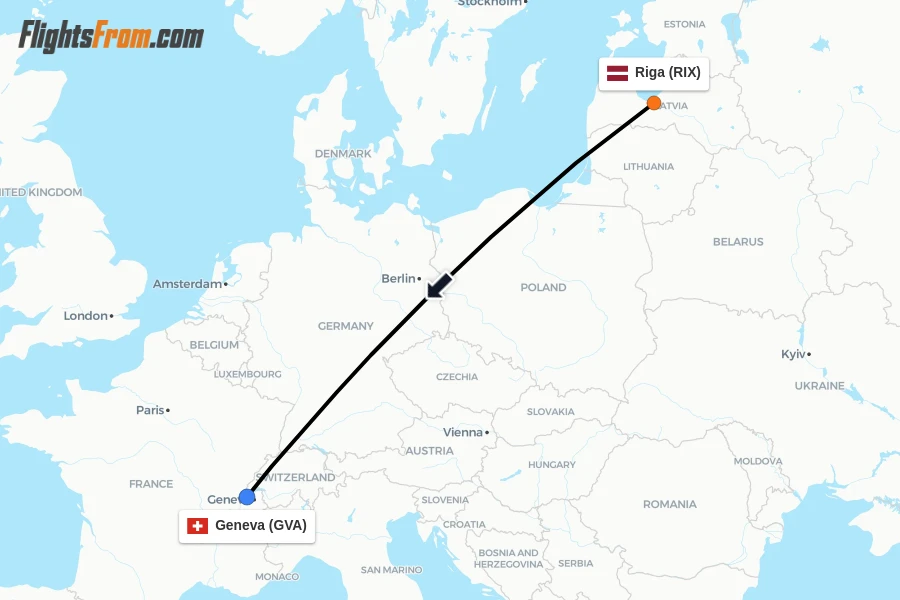 Flights from Riga to Geneva route map