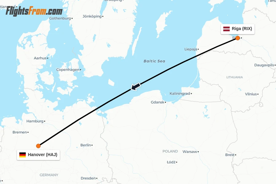 Flights from Riga to Hanover route map