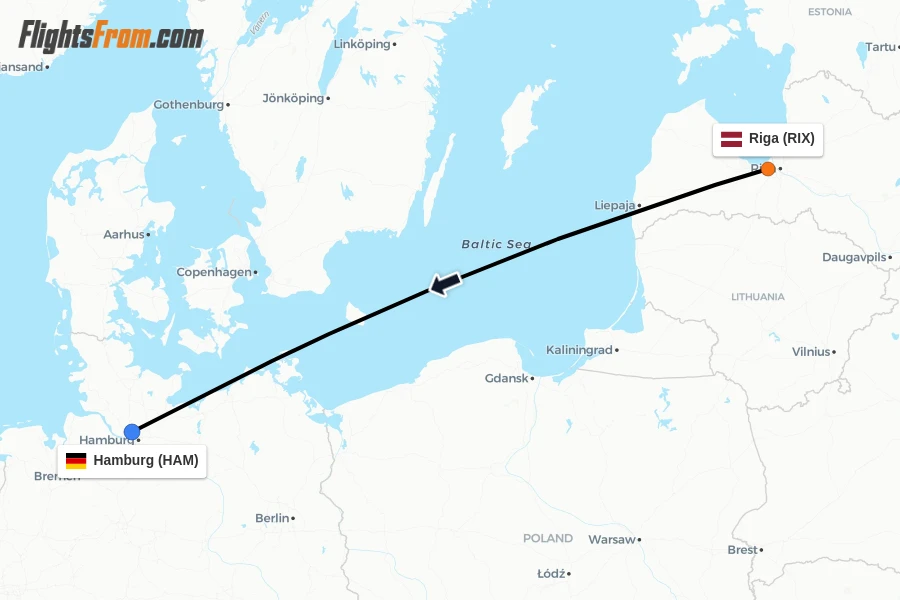 Flights from Riga to Hamburg route map