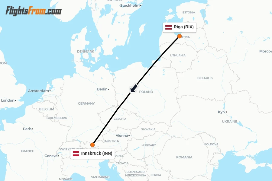 Flights from Riga to Innsbruck route map