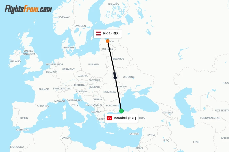 Flights from Riga to Istanbul route map