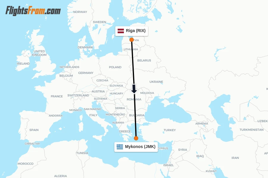 Flights from Riga to Mykonos route map