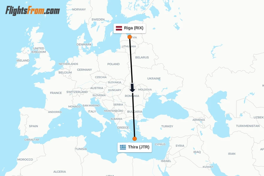 Flights from Riga to Thira route map
