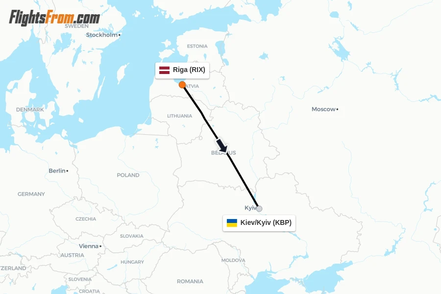 Flights from Riga to Kiev/Kyiv route map