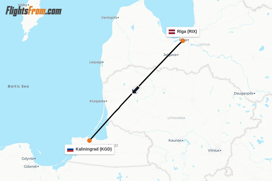 Flights from Riga to Kaliningrad route map