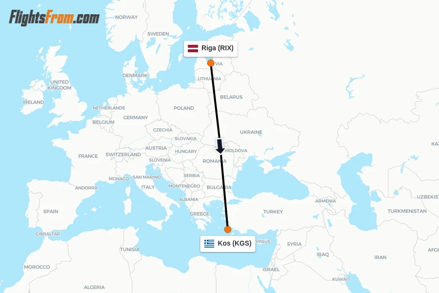 Flights from Riga to Kos route map