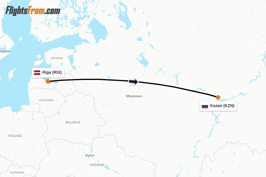 Flights from Riga to Kazan route map