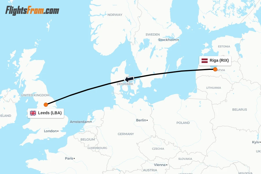 Flights from Riga to Leeds route map