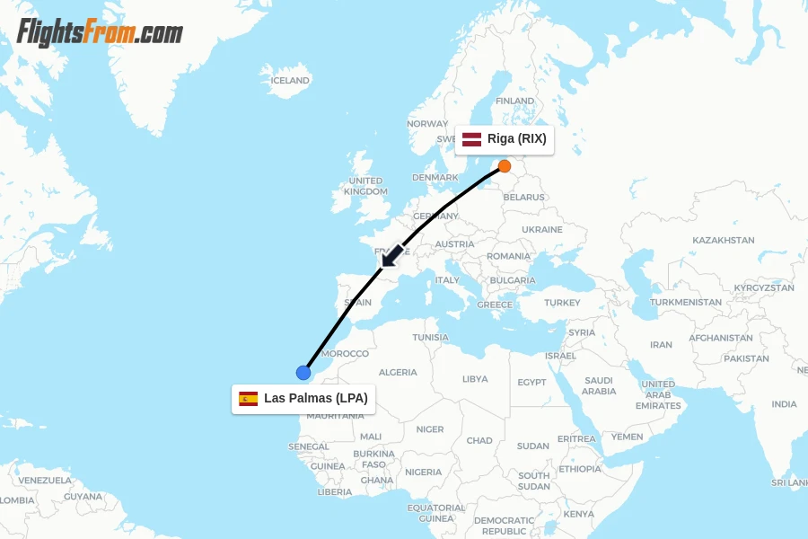 Flights from Riga to Las Palmas route map