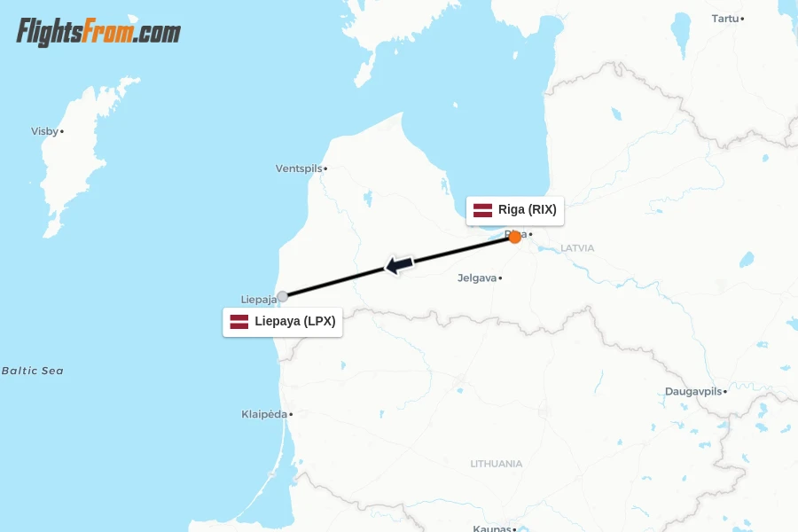 Flights from Riga to Liepaya route map