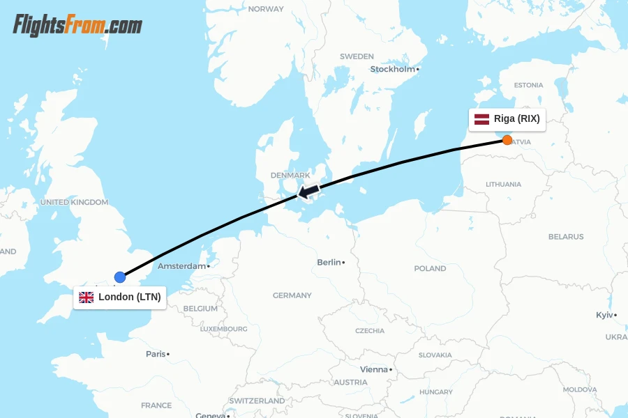 Flights from Riga to London route map