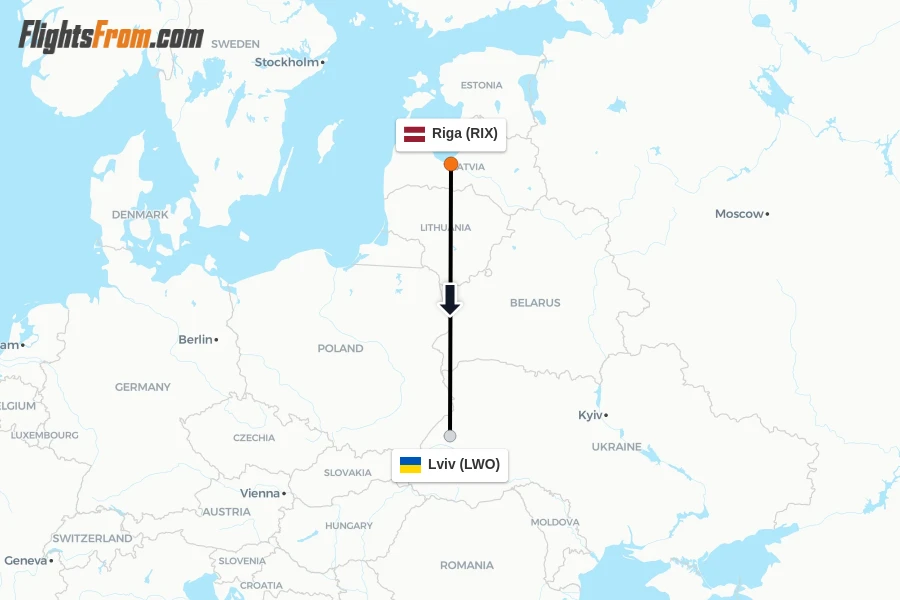 Flights from Riga to Lviv route map