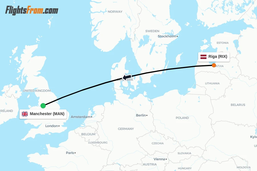 Flights from Riga to Manchester route map