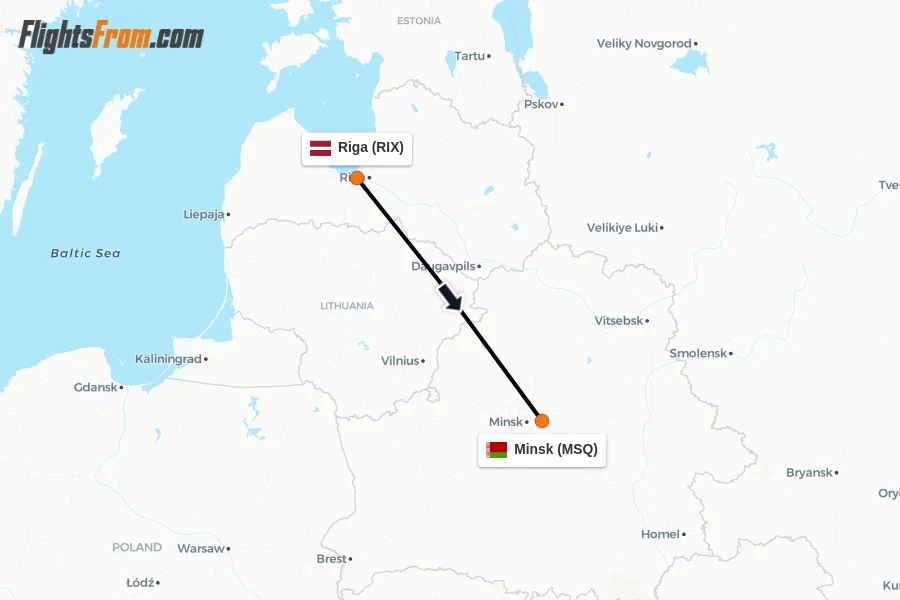 Flights from Riga to Minsk route map
