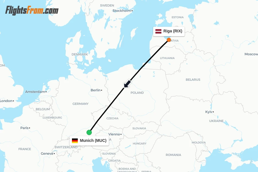 Flights from Riga to Munich route map