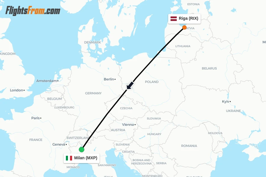 Flights from Riga to Milan route map