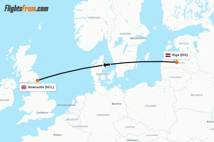 Flights from Riga to Newcastle route map